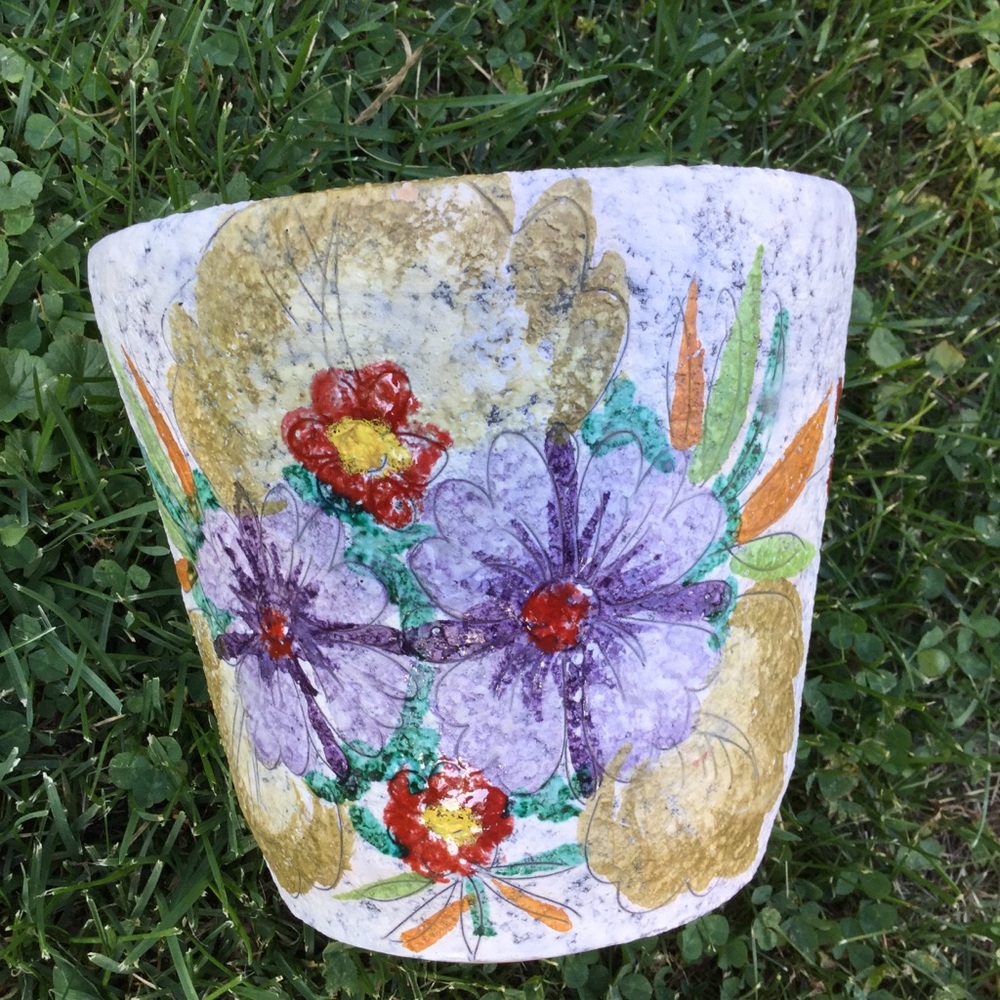 ⚜️ Vintage ITALIAN LARGE VASE Teal Cobalt Floral Hand PAINTED  POTTERY - Picture 2 of 11